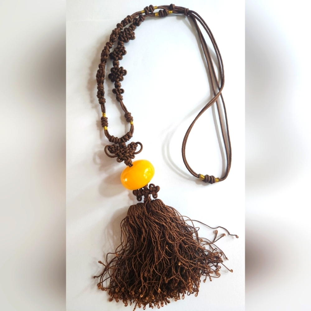 Vintage Bakelite Butterscotch Bead On Chinese Lucky Knot Double Tassle  Necklace